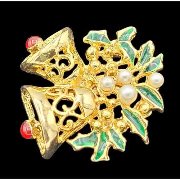Vintage Gold-tone Bell & Holly Brooch Pin Faux Pearls Red & Green Enamel - Picture 2 of 3